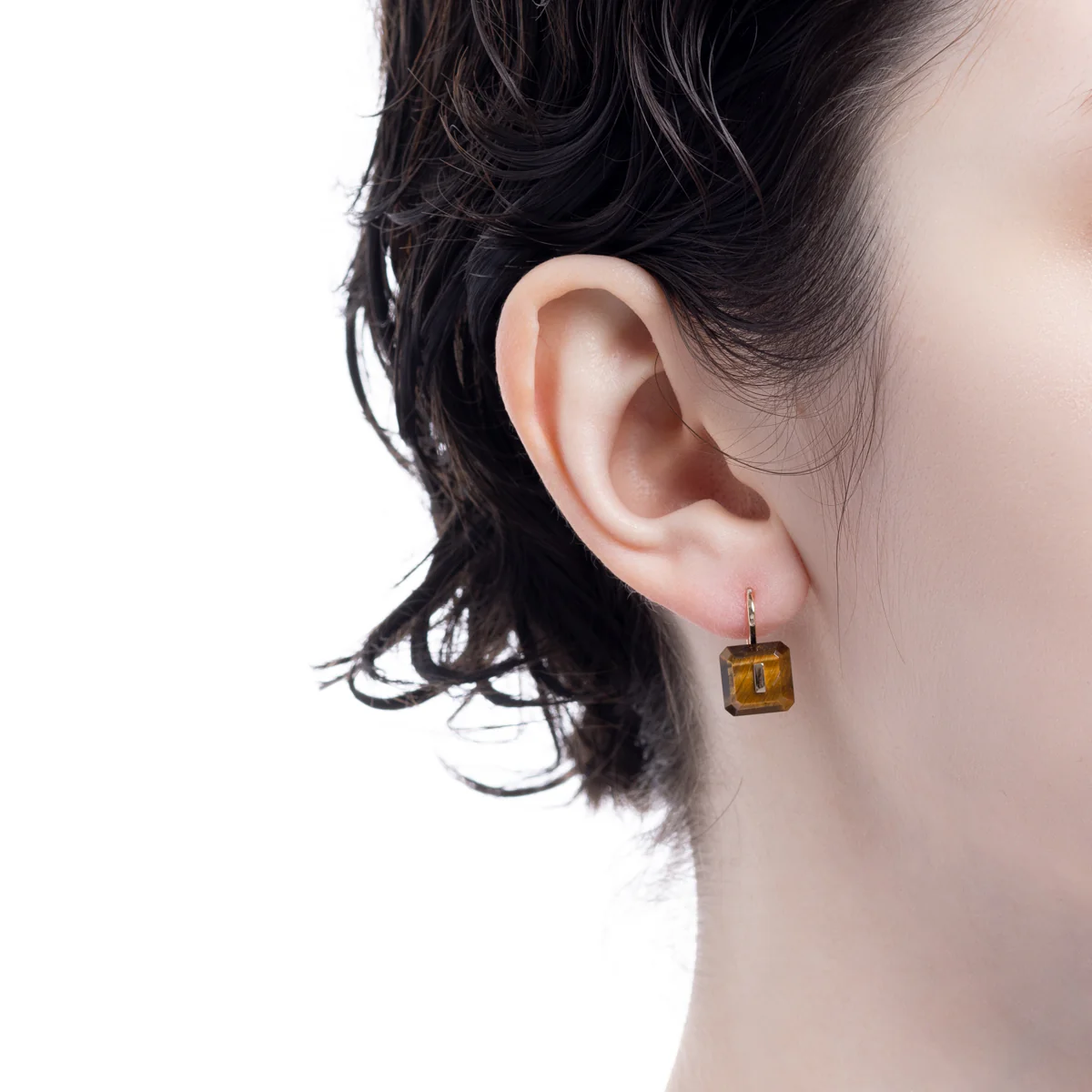 BIRD OF PARADISE Naked Square Stone Hook Earring, Tiger's eye - Image 5