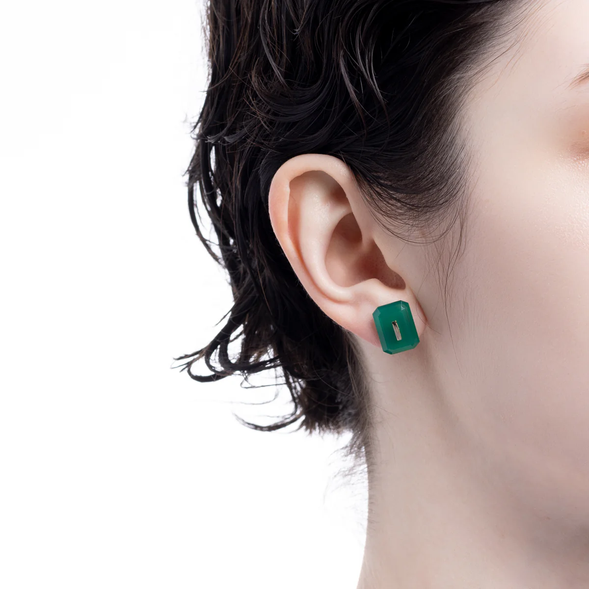 BIRD OF PARADISE Naked Rectangle Stone Stud Earring, Green Agate - Image 4