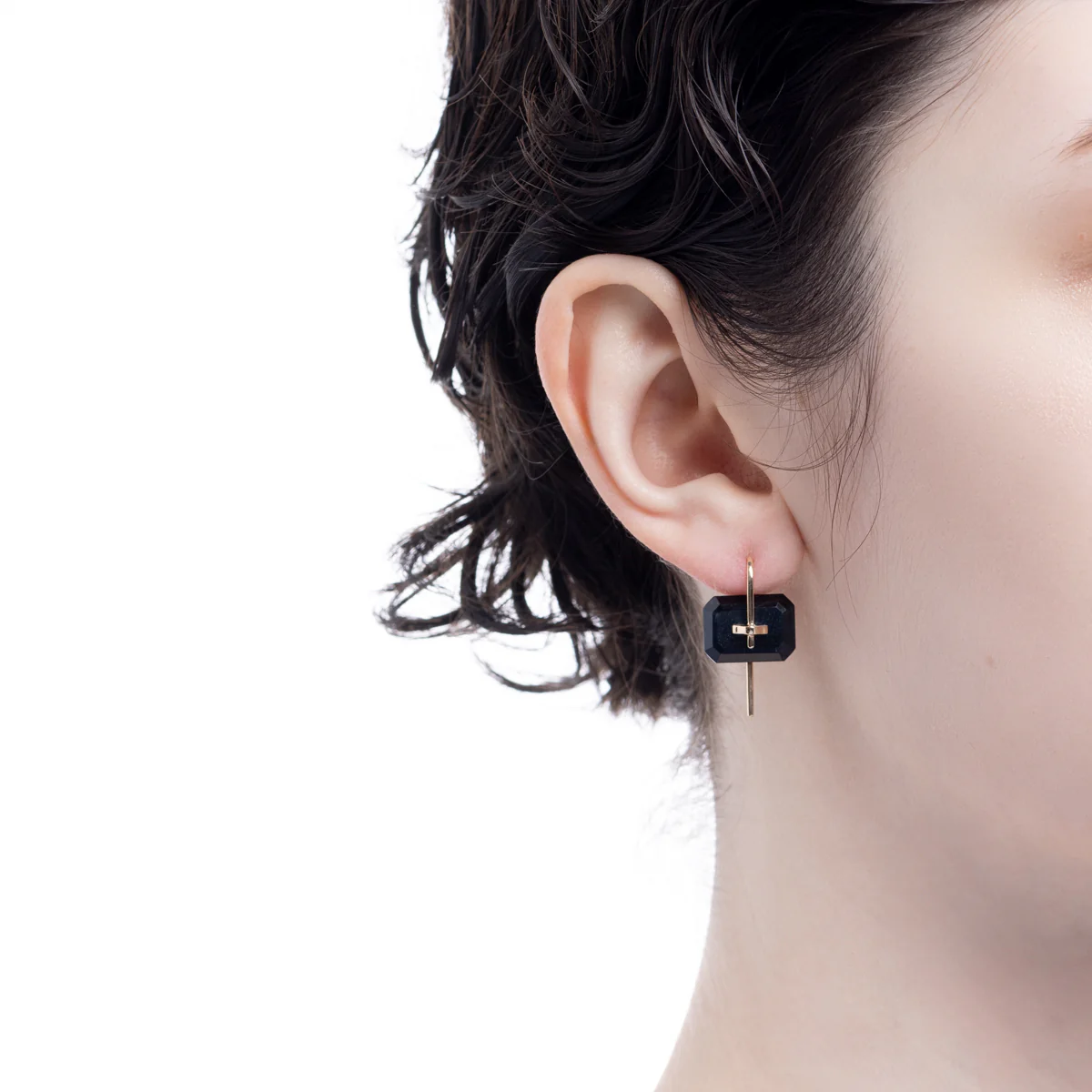 BIRD OF PARADISE Naked Rectangle Stone Hook Earring, Blue Tiger's eye - Image 4
