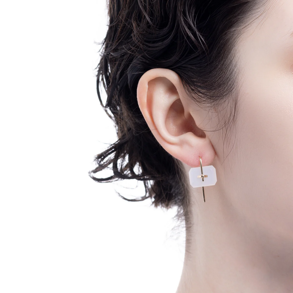 BIRD OF PARADISE Naked Rectangle Stone Hook Earring, White Chalcedony - Image 4