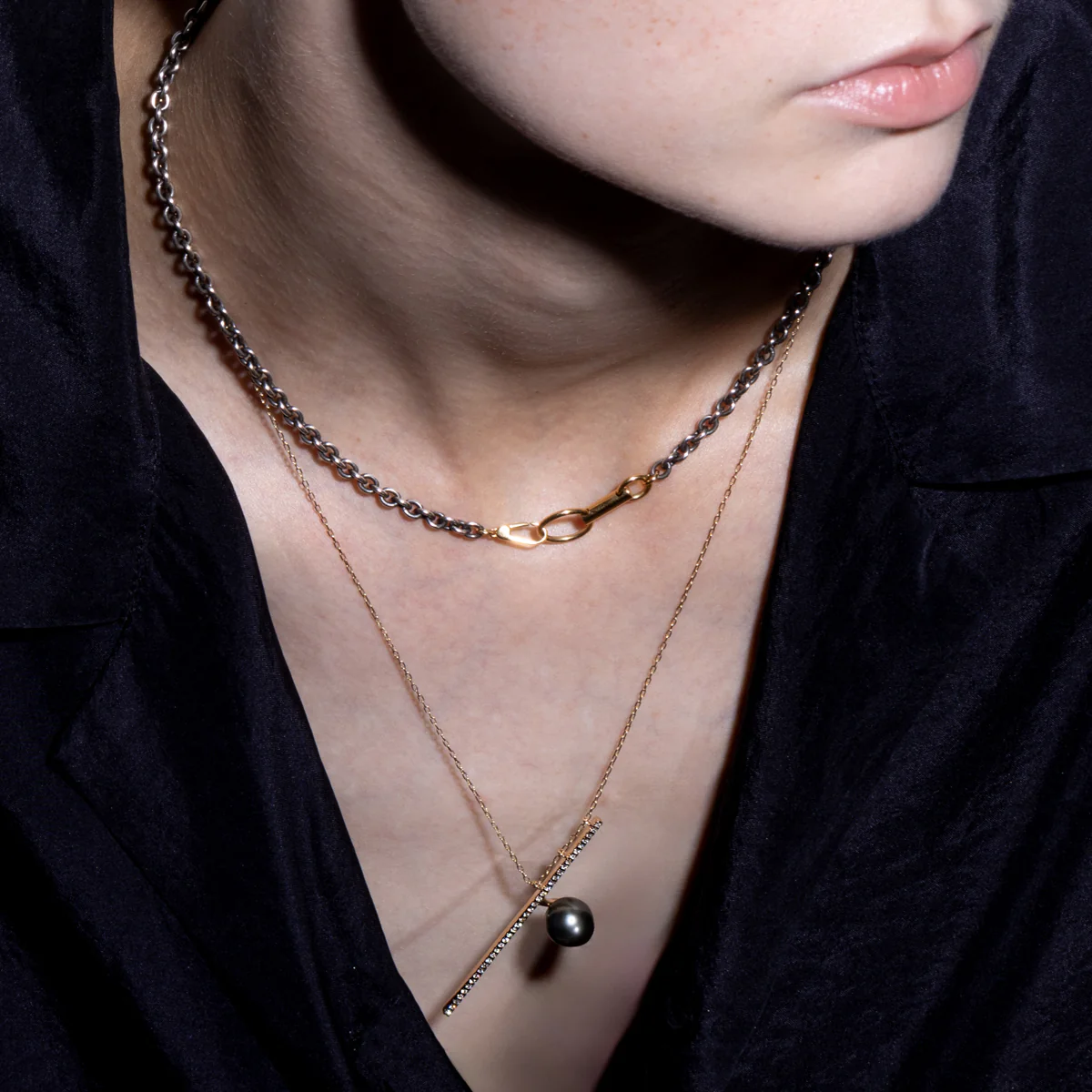 DROSERA  Diamond Tahiti Pearl Long Bar Necklace (Black Ruthenium Plated) - Image 2