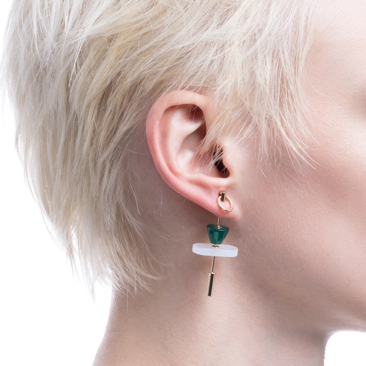 SPEAR Door Knocker Earring  Large size, White Chalcedony & Green Agate - Image 2