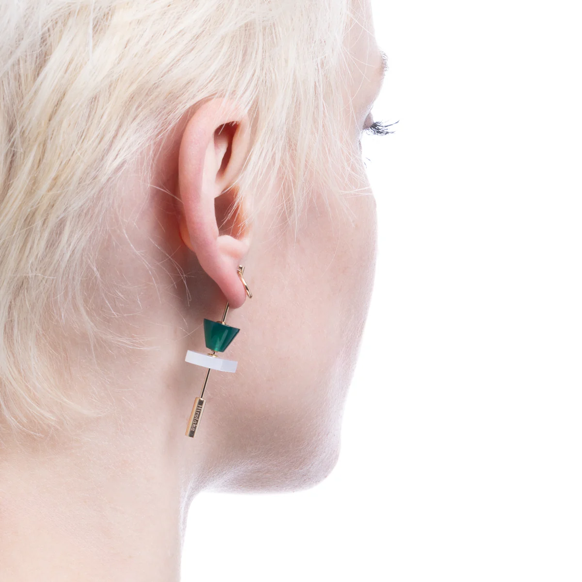 SPEAR Door Knocker Earring  Large size, White Chalcedony & Green Agate - Image 5
