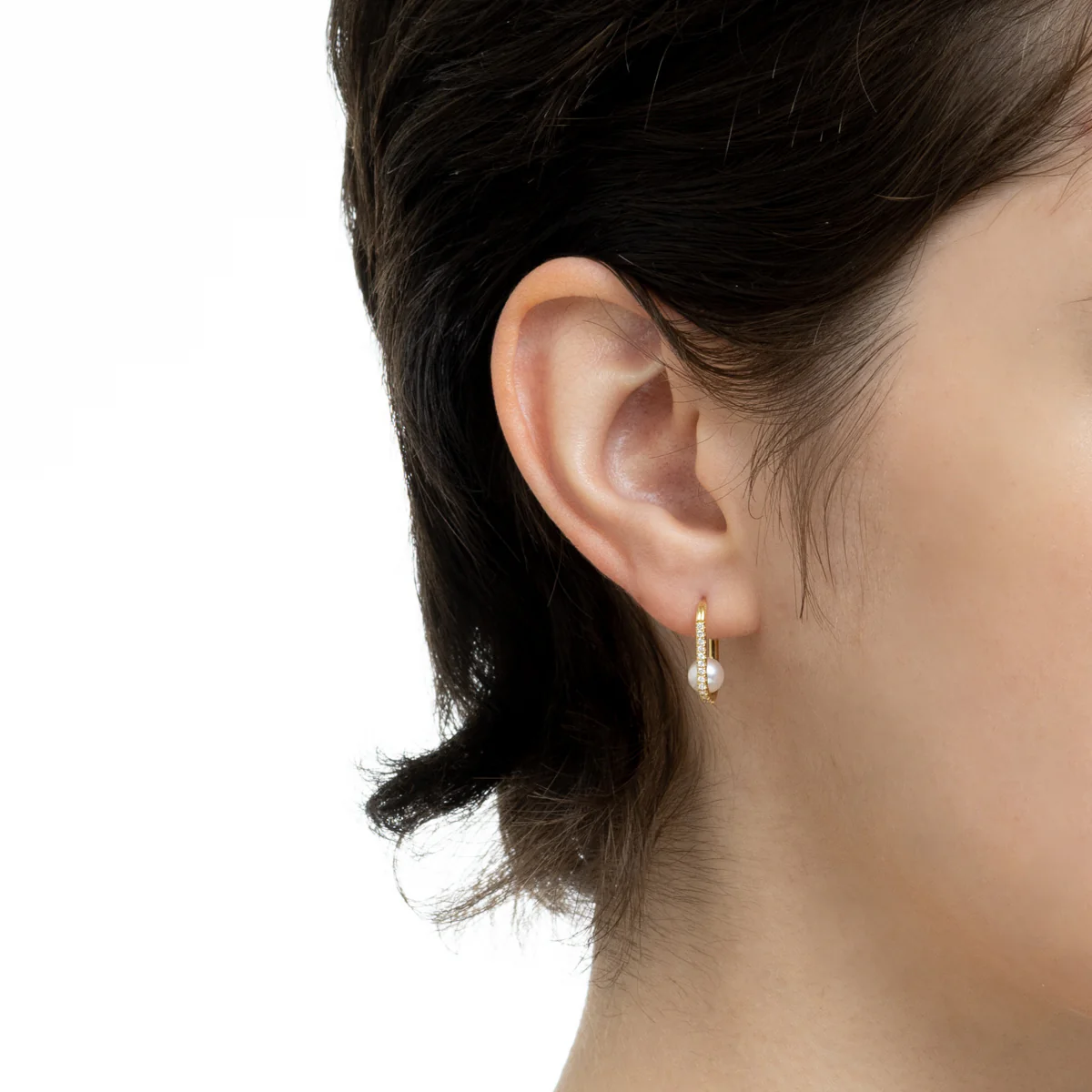 18K MANHATTAN Akoya Pearl Diamond Oblong Huggie Earring Large size - Image 5