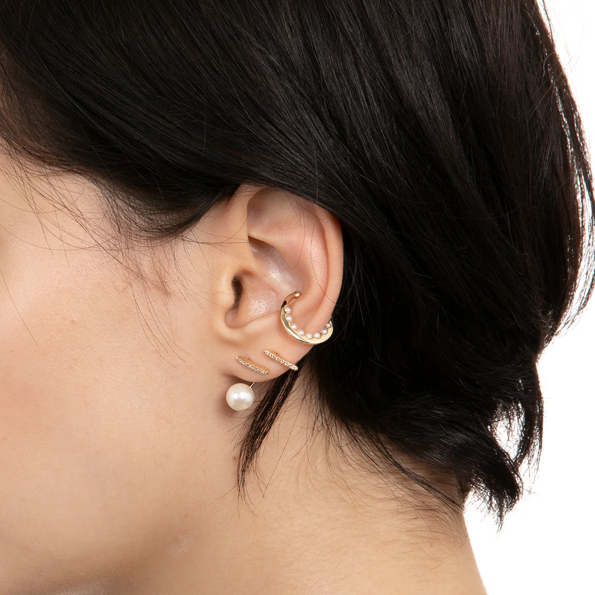 Diamond Short Bar Earring with Akoya Pearl Backing - Image 10