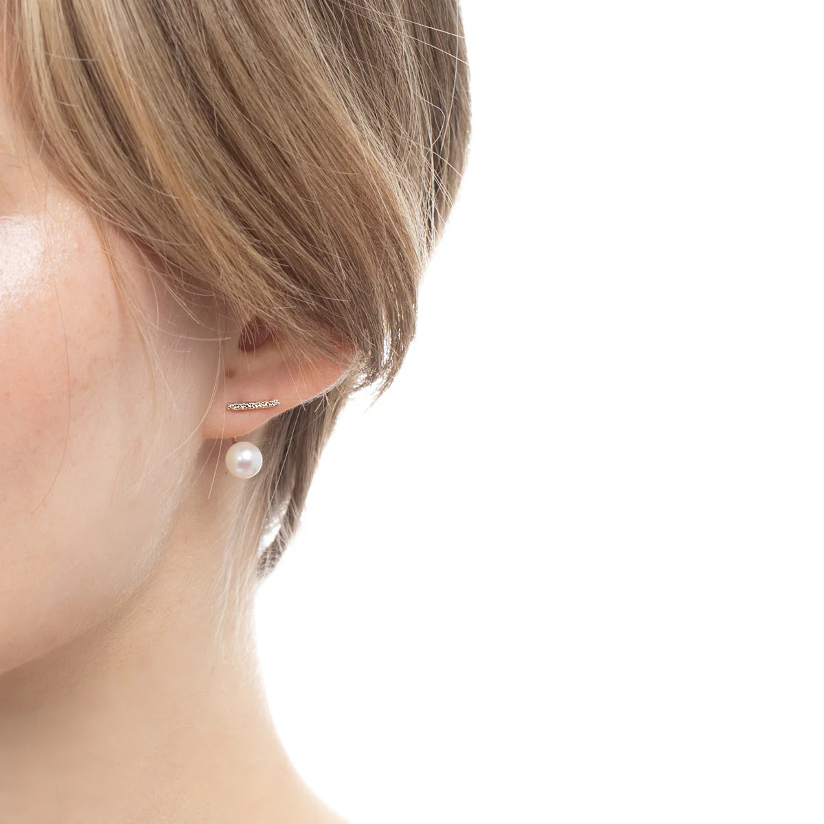 Diamond Short Bar Earring with Akoya Pearl Backing - Image 5
