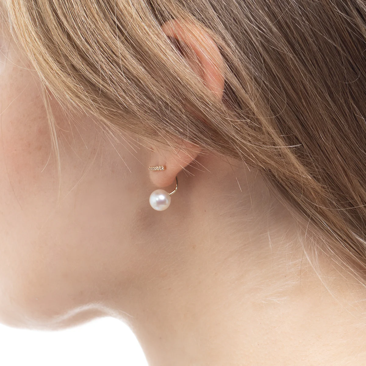 Diamond Short Bar Earring with Akoya Pearl Backing - Image 7